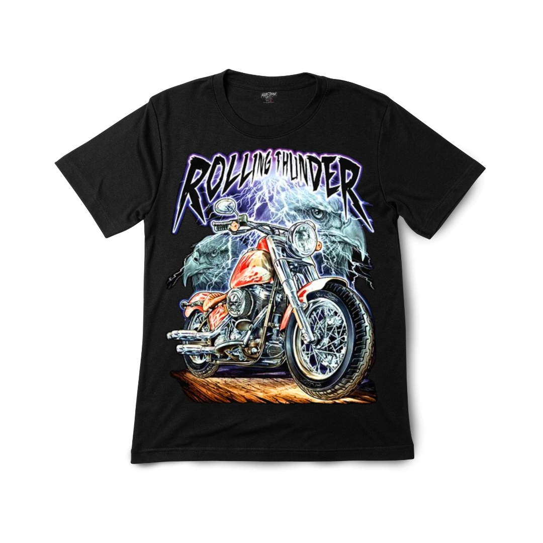 Rolling Thunder Motorcycle Graphic Tee for Riders - Magic Mystic Shoppe Premium black unisex t-shirt featuring a high-quality graphic of a motorcycle engine, steam, and a bald eagle by Magic Mystic Shoppe.