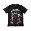Glow Graphic Tee featuring a Spooky Mystic Cat Forest in a black hat, glowing pumpkins, and ghosts in an eerie forest.