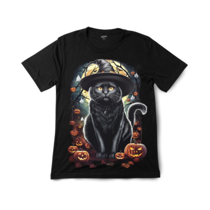 Glow Graphic Tee featuring a Spooky Mystic Cat Forest in a black hat, glowing pumpkins, and ghosts in an eerie forest.