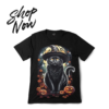 Premium black unisex t-shirt featuring a mystic cat in a black hat, a glowing Halloween pumpkin, and ghosts in an eerie spooky forest.