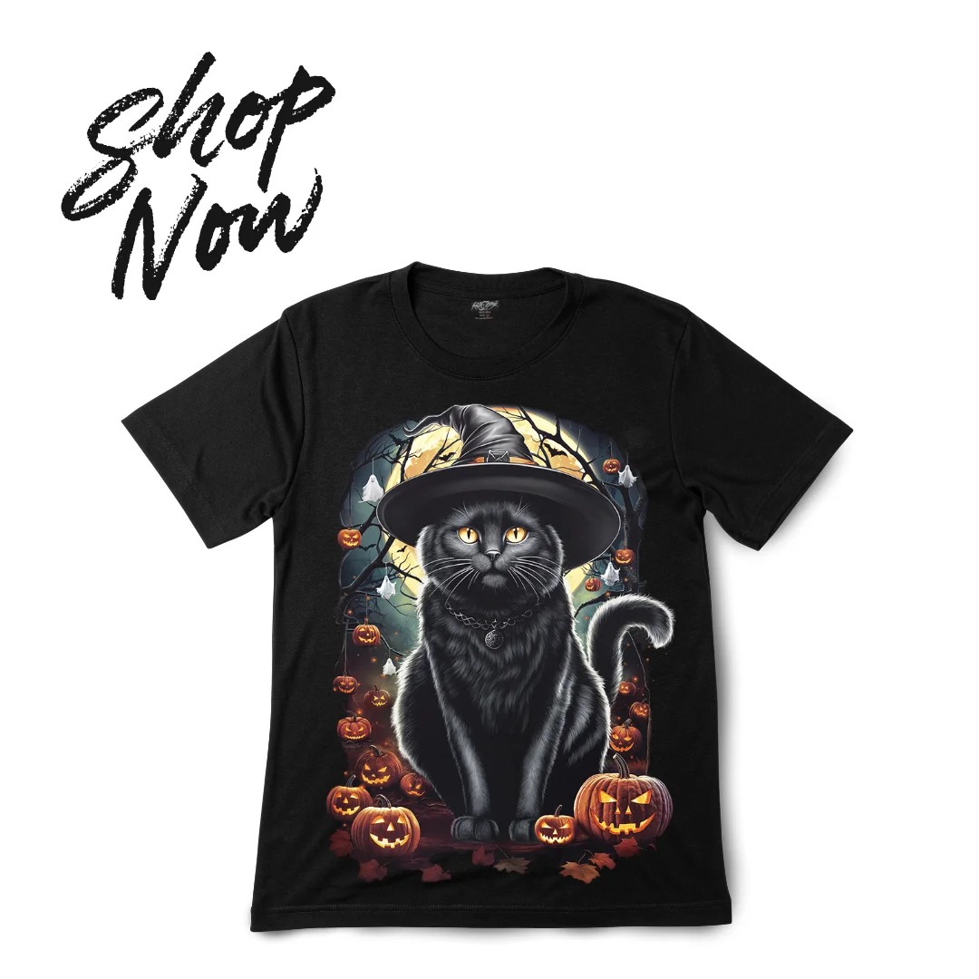 Mystic Cat Spooky Forest — Glow-in-the-Dark Graphic Tee - Magic Mystic Shoppe Premium black unisex t-shirt featuring a mystic cat in a black hat, a glowing Halloween pumpkin, and ghosts in an eerie spooky forest.