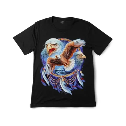 Close-up of the majestic eagle dreamcatcher artwork detailing on the graphic tee.