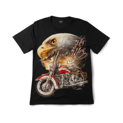 Detailed close-up of the bald eagle chrome motorcycle illustration on the graphic t-shirt.