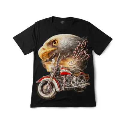 Detailed close-up of the bald eagle chrome motorcycle illustration on the graphic t-shirt.