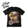Promotional "Shop Now" banner for the bald eagle chrome motorcycle graphic t-shirt collection.