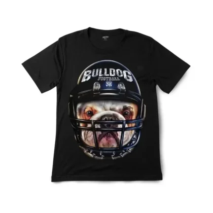 Detailed close-up of the bulldog football sport wearing a helmet illustration on the graphic tee.