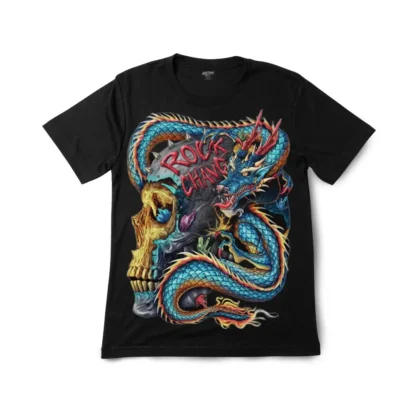 Detailed close-up of a celestial azure dragon rock skull artwork on the graphic t-shirt