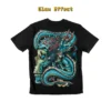 Back view of a black t-shirt featuring a Celestial Azure Dragon Rock Skull graphic design, glow in the dark effect