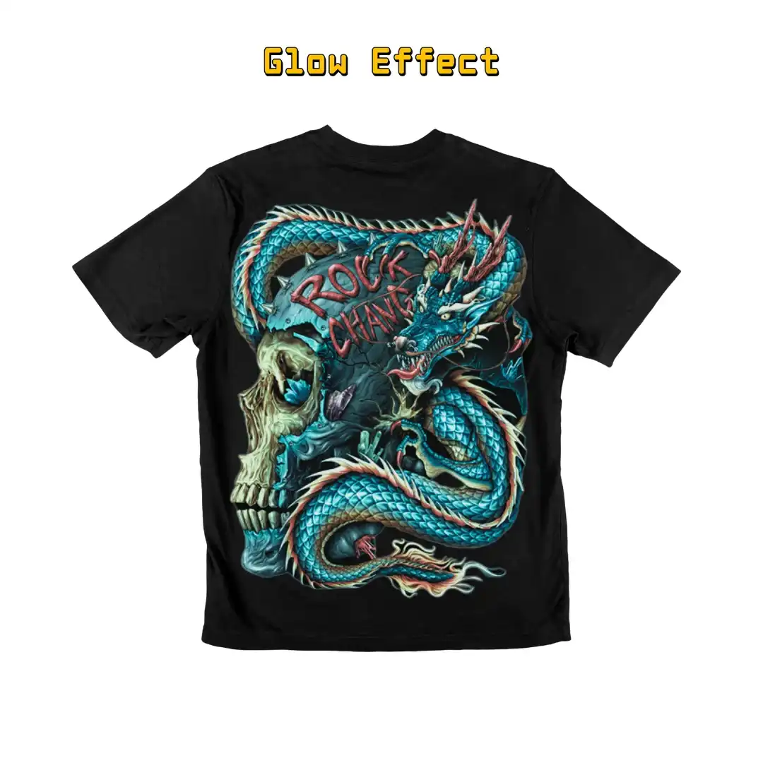 Celestial Azure Dragon Rock Skull - Glow Effect - Magic Mystic Shoppe Back view of a black t-shirt featuring a Celestial Azure Dragon Rock Skull graphic design, glow in the dark effect