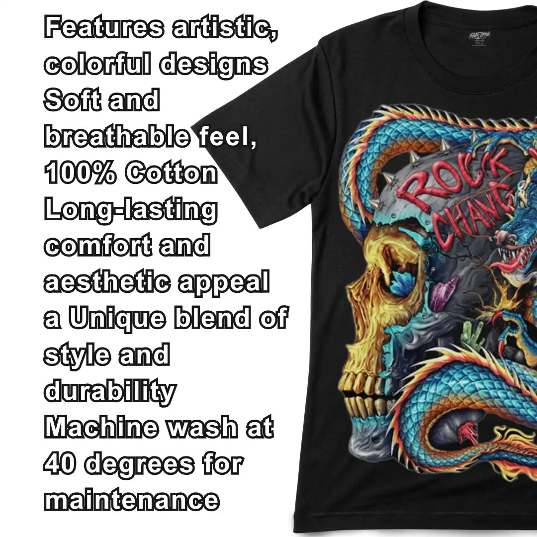Celestial Azure Dragon Rock Skull - Glow Effect - Magic Mystic Shoppe Close-up of the 100% cotton fabric texture for the celestial azure dragon rock skull graphic tee
