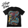 Promotional "Shop Now" banner for the celestial azure dragon rock skull graphic t-shirt.