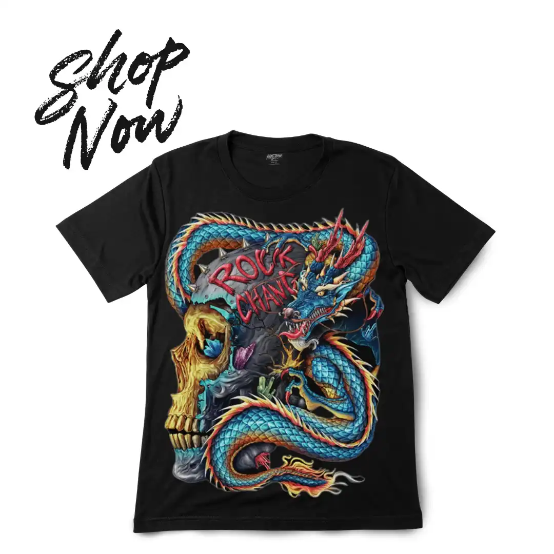 Celestial Azure Dragon Rock Skull - Glow Effect - Magic Mystic Shoppe Promotional "Shop Now" banner for the celestial azure dragon rock skull graphic t-shirt.