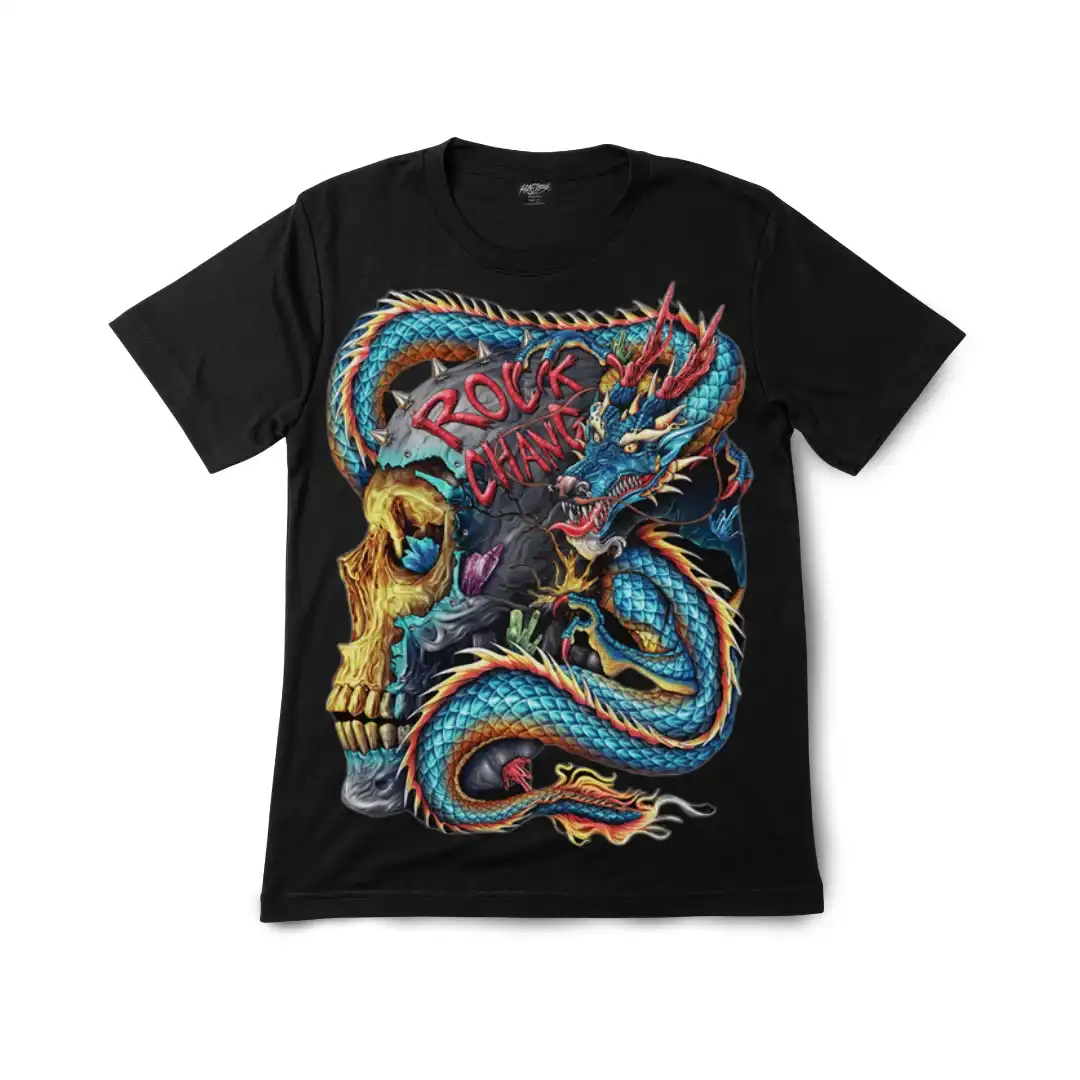 Celestial Azure Dragon Rock Skull - Glow Effect - Magic Mystic Shoppe Detailed close-up of a celestial azure dragon rock skull artwork on the graphic t-shirt