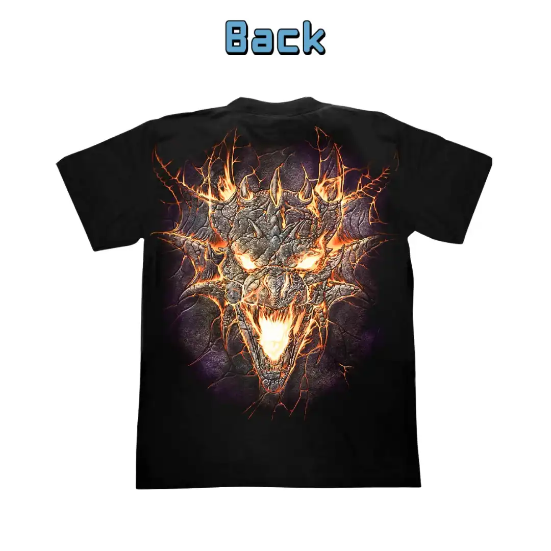 Fiery Magic Dragon Graphic Tee — Glow Fantasy - Magic Mystic Shoppe Back view of the black t-shirt featuring a close-up of a fiery magic dragon engulfed in flames.