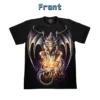 Front view of a black t-shirt featuring a fiery magic dragon perched on skulls with blazing fire.