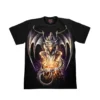 Close-up detail of a winged fiery magic dragon graphic t-shirt.