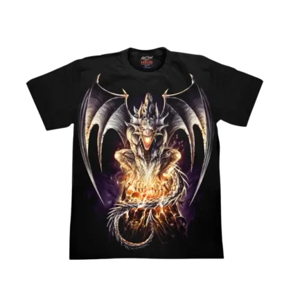 Close-up detail of a winged fiery magic dragon graphic t-shirt.