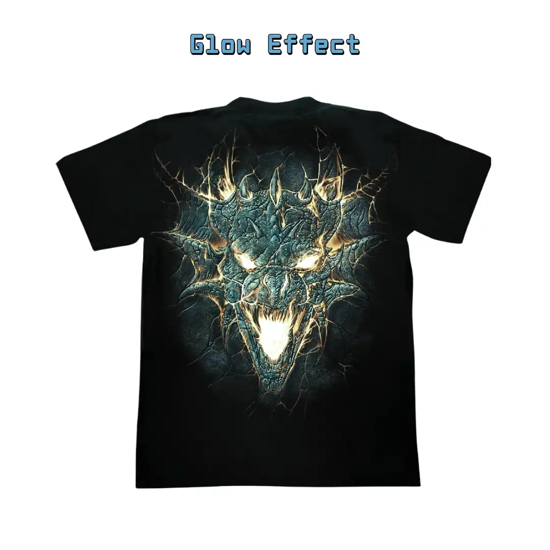 Fiery Magic Dragon Graphic Tee — Glow Fantasy - Magic Mystic Shoppe Back view of the black t-shirt featuring a close-up of a fiery magic dragon engulfed in flames. Glow in the dark effect