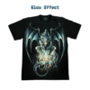 Front view of a black t-shirt featuring a fiery magic dragon perched on skulls with blazing fire. Glow in the dark effect.