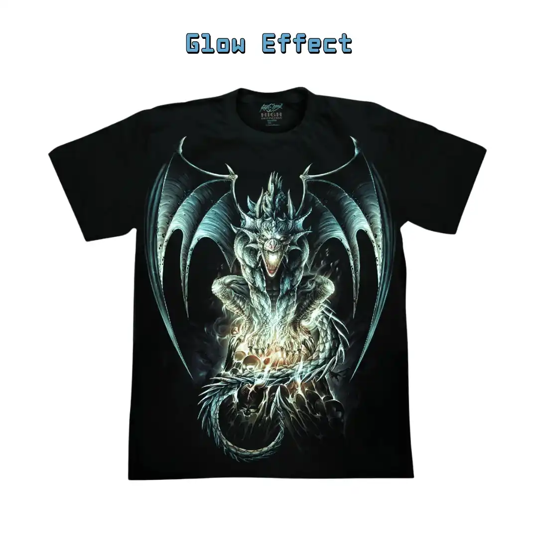 Fiery Magic Dragon Graphic Tee — Glow Fantasy - Magic Mystic Shoppe Front view of a black t-shirt featuring a fiery magic dragon perched on skulls with blazing fire. Glow in the dark effect.