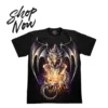 Promotional "Shop Now" banner for the fiery magic dragon graphic t-shirt.