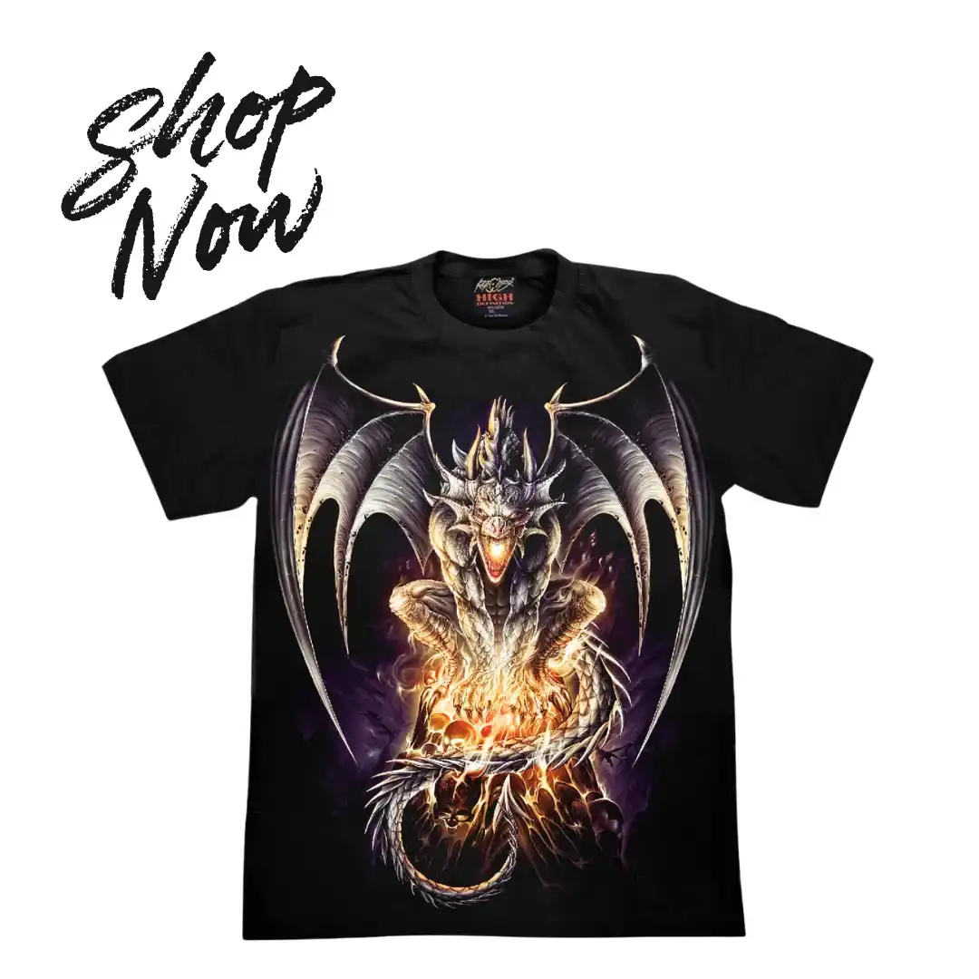 Fiery Magic Dragon Graphic Tee — Glow Fantasy - Magic Mystic Shoppe Promotional "Shop Now" banner for the fiery magic dragon graphic t-shirt.