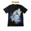 Front view of a black graphic t-shirt featuring a wolf howling at a full moon in a pine forest, nature-themed apparel