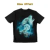 Back view of the howling wolf graphic t-shirt showing the glowing blue-tinted moon and wolf effect.