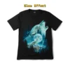Front view of the howling wolf graphic t-shirt showing the glowing blue-tinted moon and wolf effect.