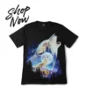 Promotional shop now banner for the howling wolf and moon graphic t-shirt collection.