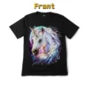Front view of a magic mystic unicorn set against a vibrant galaxy graphic t-shirt.