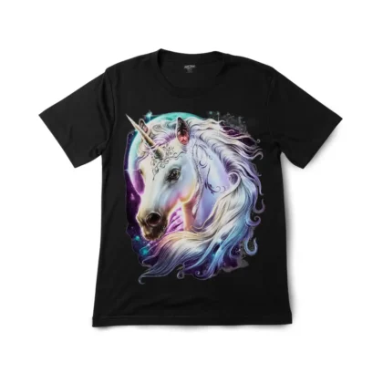 Detailed close-up of magic mystic unicorn and nebula artwork on the graphic t-shirt.