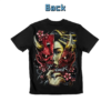 Back view of a black t-shirt featuring a Mystic Allure Geisha hiding behind a split Oni Mask Graphic, representing a red demon