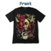 Front view of a black t-shirt featuring a Mystic Allure Geisha hiding behind a split Oni Mask Graphic, representing a red demon