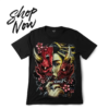 Promotional "Shop Now" banner for the Mystic Allure Geisha Oni Mask Graphic Tee.