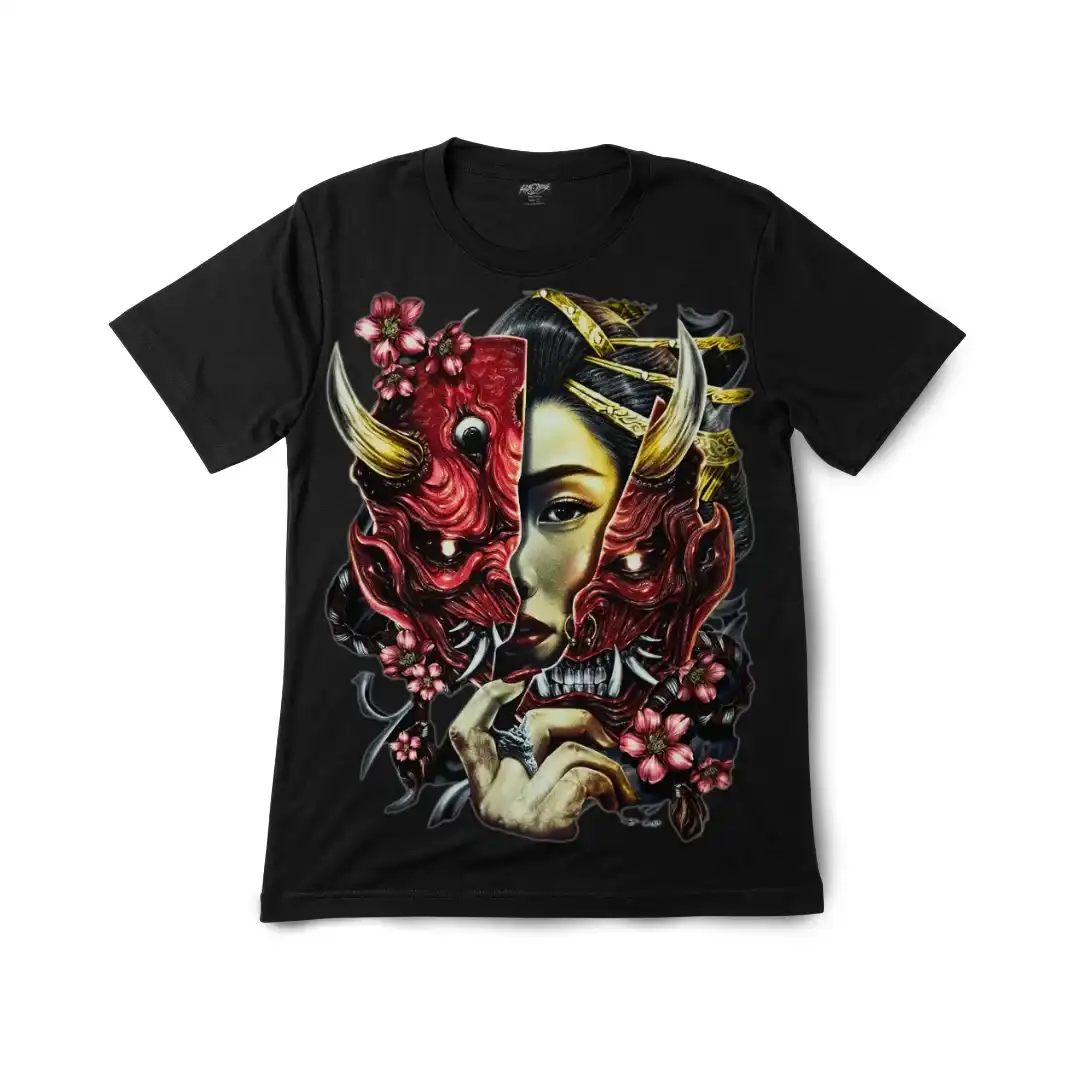 Mystic Allure Geisha Oni Mask Graphic Tee — Glow Effect Japanese Art - Magic Mystic Shoppe Close-up of a Mystic Allure Geisha Oni Mask Graphic Tee artwork.