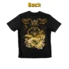 Back view of a black t-shirt featuring a gold, detailed graphic of a hooded skeleton holding a glowing orb, with a large owl perched above