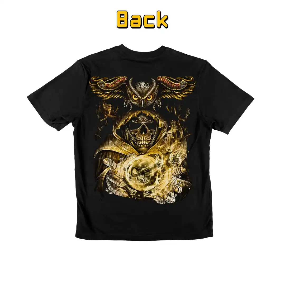 Mystic Owl Magic Skull Graphic Tee — Glowing Energy Orb - Magic Mystic Shoppe Back view of a black t-shirt featuring a gold, detailed graphic of a hooded skeleton holding a glowing orb, with a large owl perched above