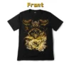 Front view of a black t-shirt featuring a gold, detailed graphic of a hooded skeleton holding a glowing orb, with a large owl perched above, gothic urban style