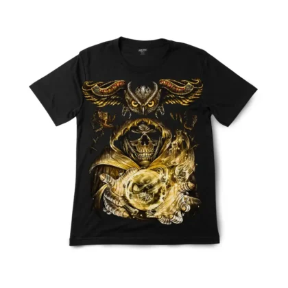 Promotional graphic for the mystic owl and skull t-shirt with a 'Shop Now' call-to-action overlay