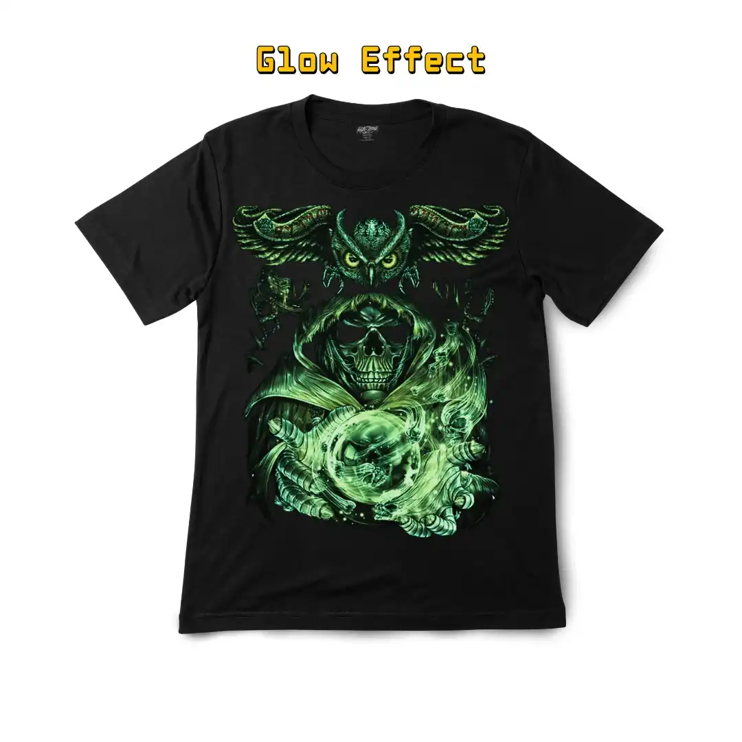 Mystic Owl Magic Skull Graphic Tee — Glowing Energy Orb - Magic Mystic Shoppe Front view of the mystic owl and skull graphic t-shirt showing the high-intensity green glow-in-the-dark effect on a black background