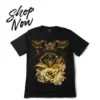 Close up of 100% cotton fabric Glowing green skull graphic design Gothic owl and skull graphic tee