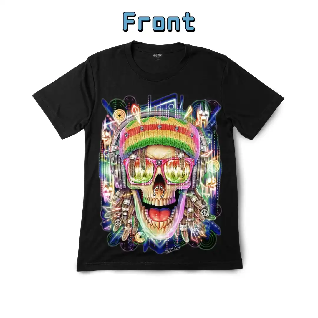 Vibrant Skull & Headphones Graphic Tee — Glow-in-the-Dark - Magic Mystic Shoppe Vibrant Skull & Headphones Graphic Tee — Glow-in-the-Dark - Image 2