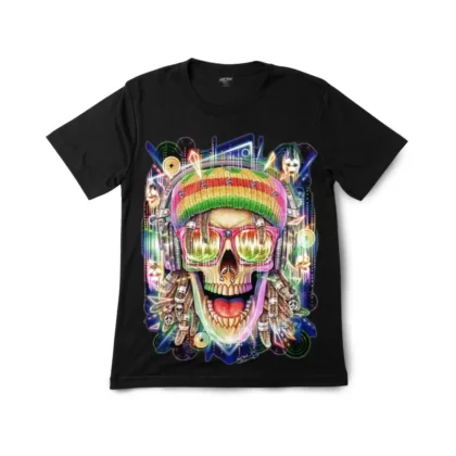 Vibrant Skull Headphones Graphic T-shirt Glow in the Dark