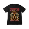 Close-up detail of wanted cowboy skull graphic on black cotton canvas t-shirt.