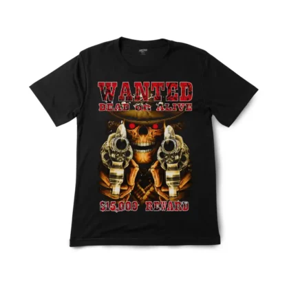 Close-up detail of wanted cowboy skull graphic on black cotton canvas t-shirt.