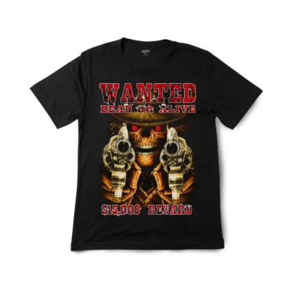 Close-up detail of wanted cowboy skull graphic on black cotton canvas t-shirt.