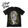 Promotional "Shop Now" banner for white tiger mystic bamboo graphic t-shirt.