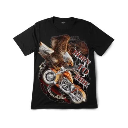 Close-up detail of a bald eagle motorcycle "born to ride" artistic graphic t-shirt.