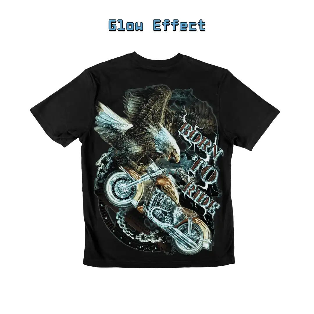 Bald Eagle Motorcycle Graphic Tee — Glow Apparel - Magic Mystic Shoppe Back view of a bald eagle motorcycle t-shirt displaying the glow-in-the-dark effect.